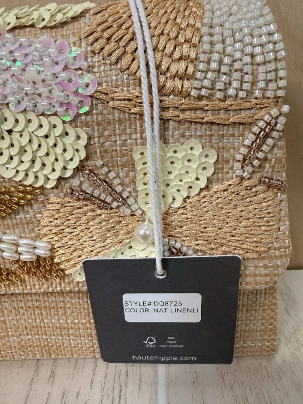 New With Tags HAUTE HIPPIE Small Boho Beaded Sequin Natural Linen Purse Clutch - Picture 9 of 16